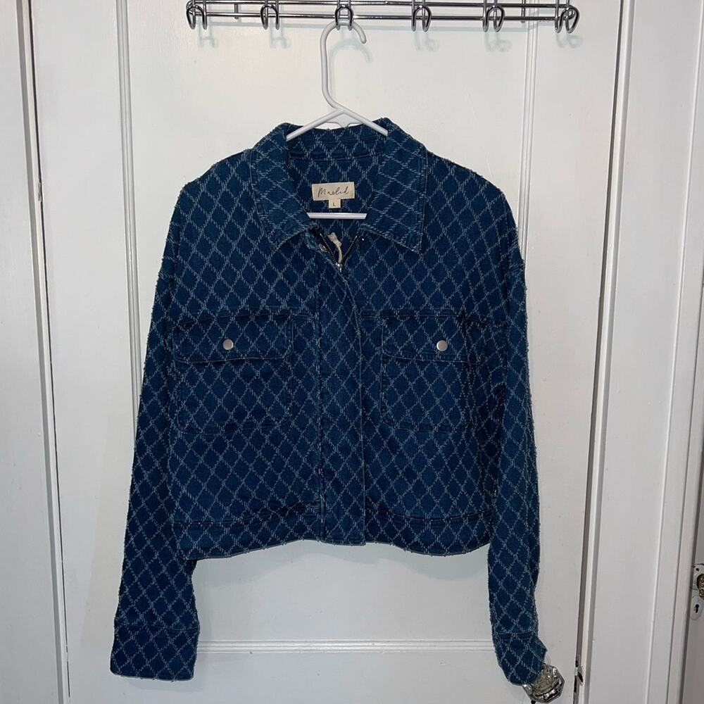 New Marled Women's Patchwork Zip Up Denim Jacket Blue size L